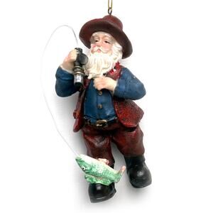 Santa Christmas Fishing Ornament He Caught A Fish 4 In Tall